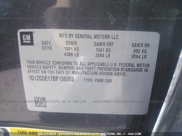 1G1ZC5E17BF136082 - 2011 CHEVROLET MALIBU 1LT 灰色 照片 9