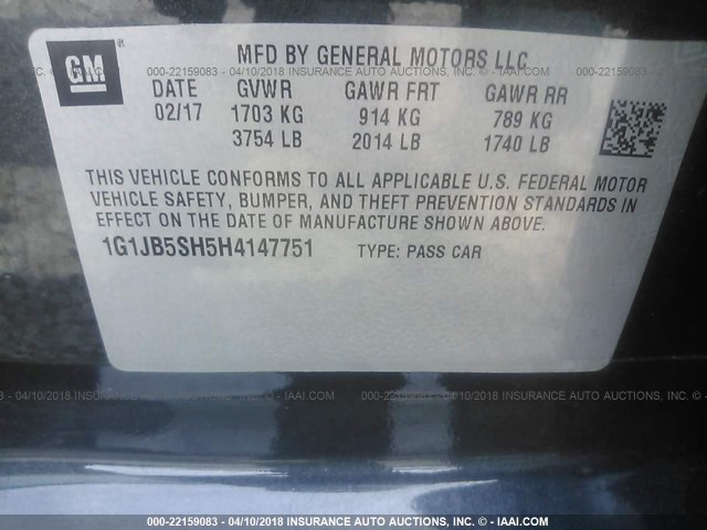 1G1JB5SH5H4147751 - 2017 CHEVROLET SONIC LS 灰色 照片 9