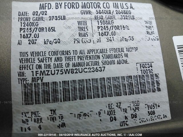 1FMZU75W82UC23637 - 2002 FORD EXPLORER LIMITED 棕色 照片 9