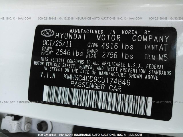 KMHGC4DD9CU174846 - 2012 HYUNDAI GENESIS 3.8L WHITE photo 9