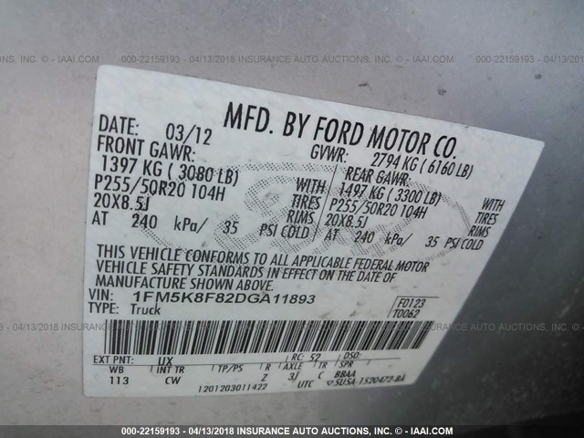 1FM5K8F82DGA11893 - 2013 FORD EXPLORER LIMITED SILVER photo 9