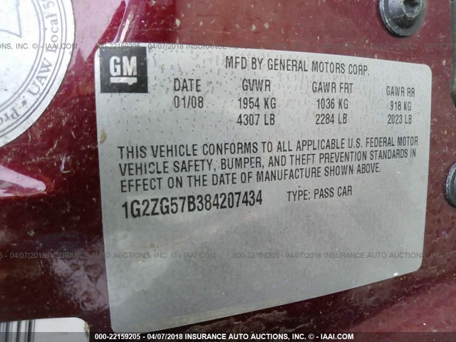 1G2ZG57B384207434 - 2008 PONTIAC G6 SE MAROON photo 9