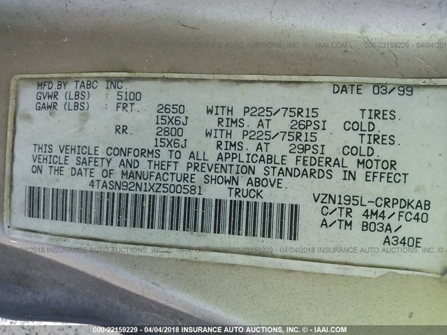 4TASN92N1XZ500581 - 1999 TOYOTA TACOMA XTRACAB PRERUNNER შავი ფოტო 9