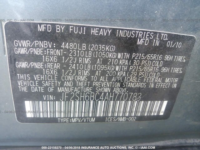 JF2SH6BC4AH770783 - 2010 SUBARU FORESTER XS Mavi foto 9