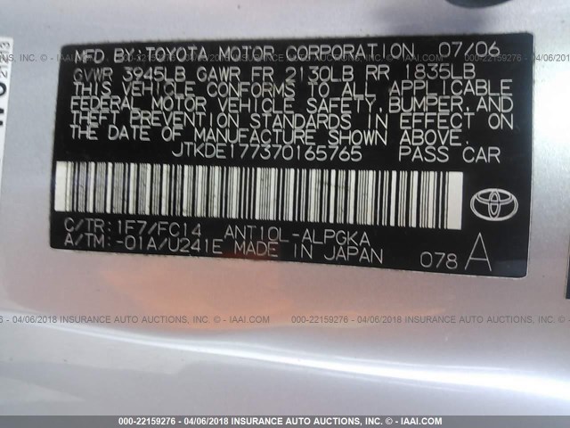 JTKDE177370165765 - 2007 TOYOTA SCION TC ვერცხლისფერი ფოტო 9
