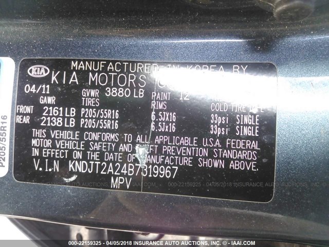 KNDJT2A24B7319967 - 2011 KIA SOUL +/!/SPORT GRAY photo 9