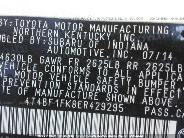 4T4BF1FK8ER429295 - 2014 TOYOTA CAMRY L/SE/LE/XLE 白色 照片 9