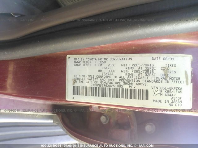 JT3HN87R6X0251885 - 1999 TOYOTA 4RUNNER LIMITED MAROON photo 9