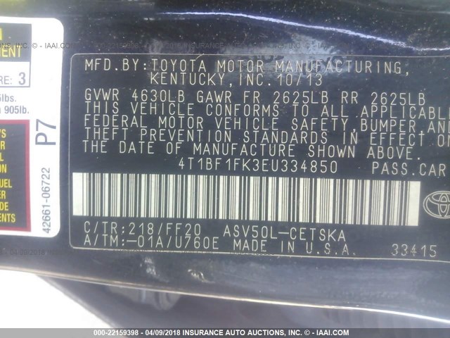 4T1BF1FK3EU334850 - 2014 TOYOTA CAMRY L/SE/LE/XLE 黑色 照片 9