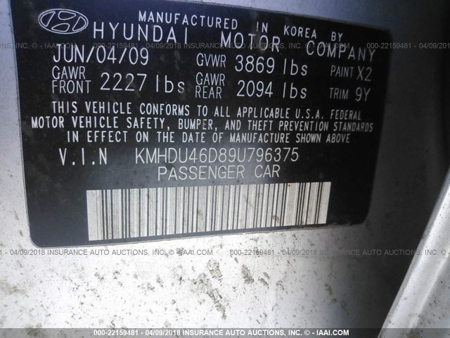 KMHDU46D89U796375 - 2009 HYUNDAI ELANTRA GLS/SE SILVER photo 9