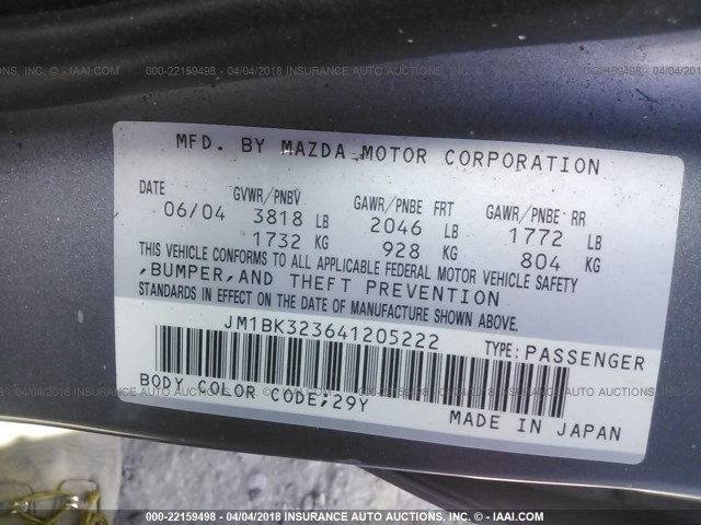 JM1BK323641205222 - 2004 MAZDA 3 S Сұр фото 9