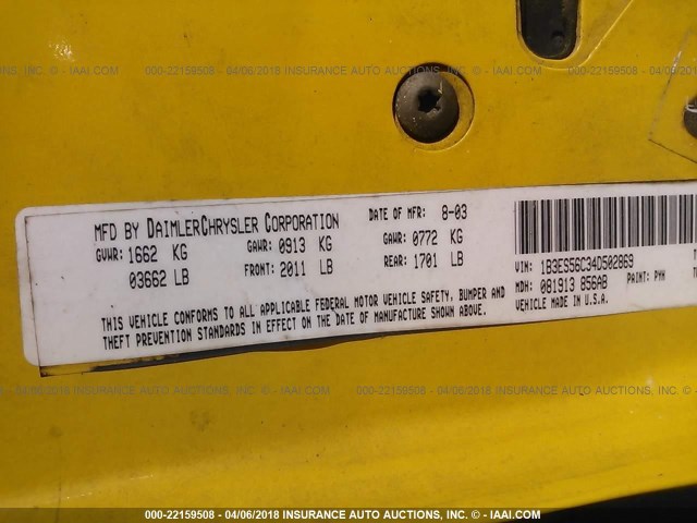 1B3ES56C34D502869 - 2004 DODGE NEON SXT YELLOW photo 9