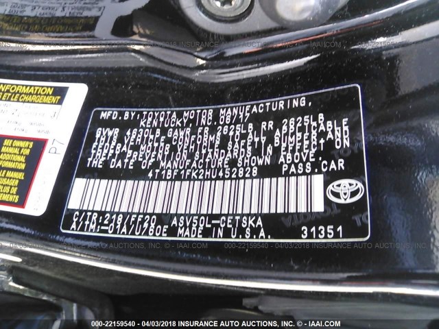 4T1BF1FK2HU452828 - 2017 TOYOTA CAMRY LE/XLE/SE/XSE BLACK photo 9