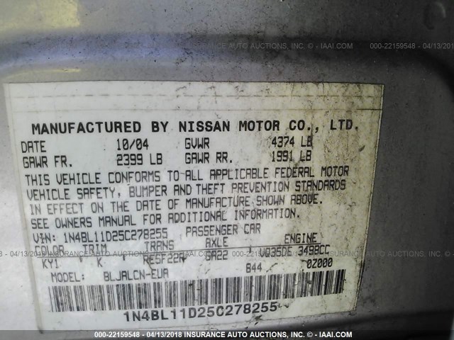 1N4BL11D25C278255 - 2005 NISSAN ALTIMA SE/SL/SE-R SILVER photo 9