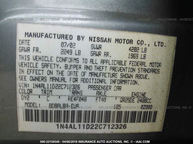 1N4AL11D22C712326 - 2002 NISSAN ALTIMA S/SL GREEN photo 9