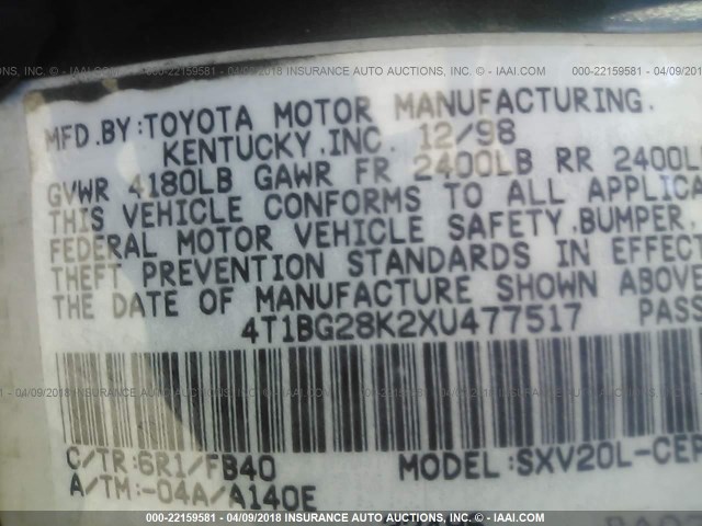 4T1BG28K2XU477517 - 1999 TOYOTA CAMRY CE/LE/XLE 绿色 照片 9