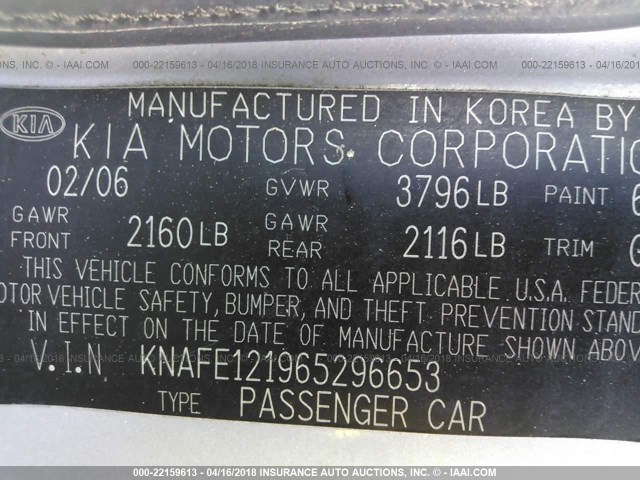 KNAFE121965296653 - 2006 KIA NEW SPECTRA LX/EX SILVER photo 9