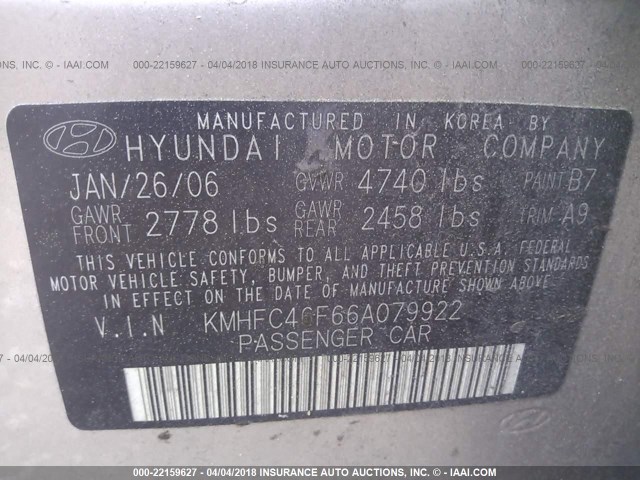 KMHFC46F66A079922 - 2006 HYUNDAI AZERA SE/LIMITED TAN photo 9