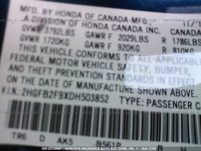 2HGFB2F9XDH503852 - 2013 HONDA CIVIC EXL Mavi foto 9