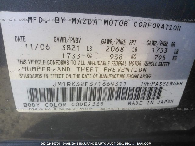 JM1BK32F371669311 - 2007 MAZDA 3 I GRAY photo 9