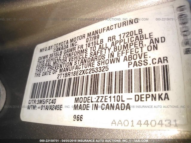 2T1BR18E2XC253325 - 1999 TOYOTA COROLLA VE/CE/LE 金色 照片 9