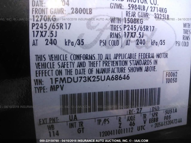 1FMDU73K25UA68646 - 2005 FORD EXPLORER XLT/XLT SPORT/NBX BLACK photo 9