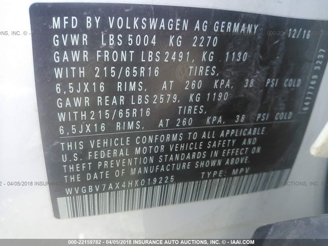 WVGBV7AX4HK019225 - 2017 VOLKSWAGEN TIGUAN S/LIMITED WHITE photo 9
