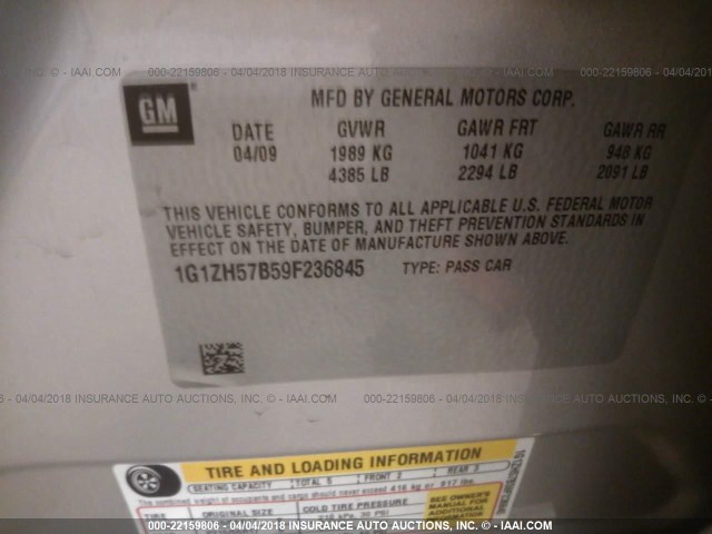 1G1ZH57B59F236845 - 2009 CHEVROLET MALIBU 1LT 银色 照片 9