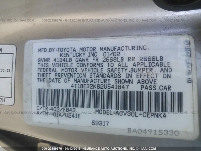 4T1BE32K82U541847 - 2002 TOYOTA CAMRY LE/XLE/SE თაფლისფერი ფოტო 9