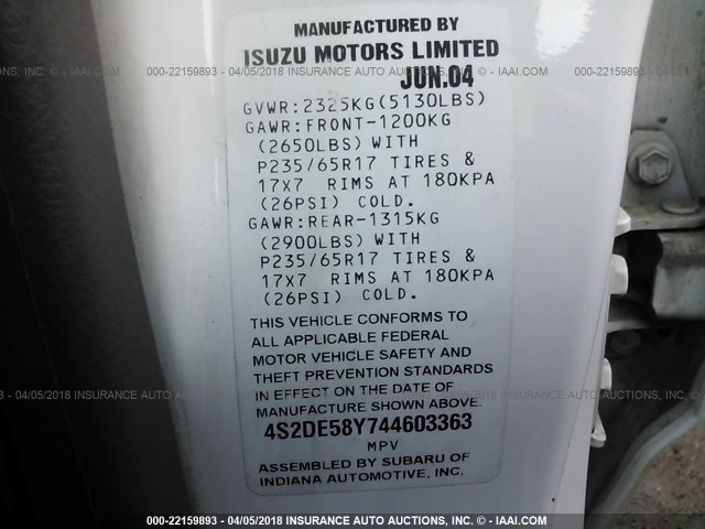 4S2DE58Y744603363 - 2004 ISUZU AXIOM XS Ağ foto 9