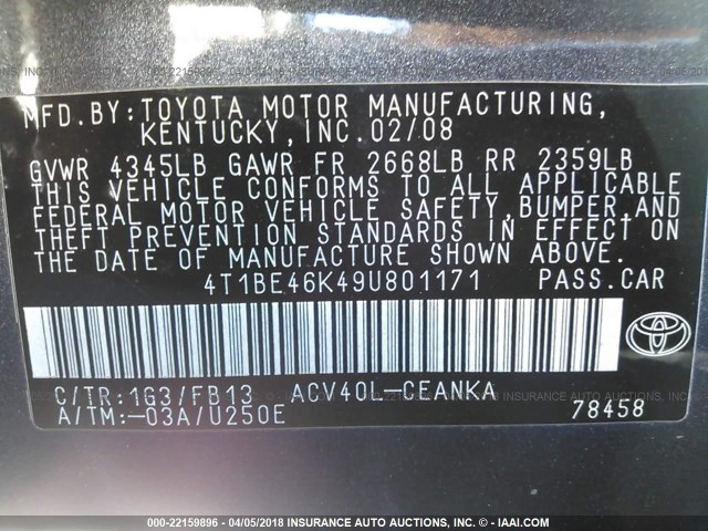 4T1BE46K49U801171 - 2009 TOYOTA CAMRY SE/LE/XLE GRAY photo 9