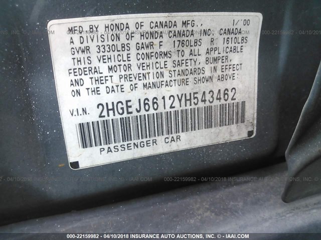 2HGEJ6612YH543462 - 2000 HONDA CIVIC SE BLUE photo 9