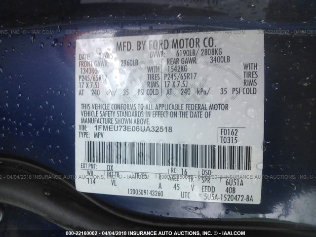 1FMEU73E06UA32518 - 2006 FORD EXPLORER XLT BLUE photo 9