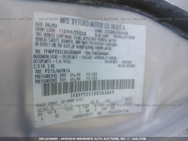 1FAFP55S13G263869 - 2003 FORD TAURUS SES SILVER photo 9