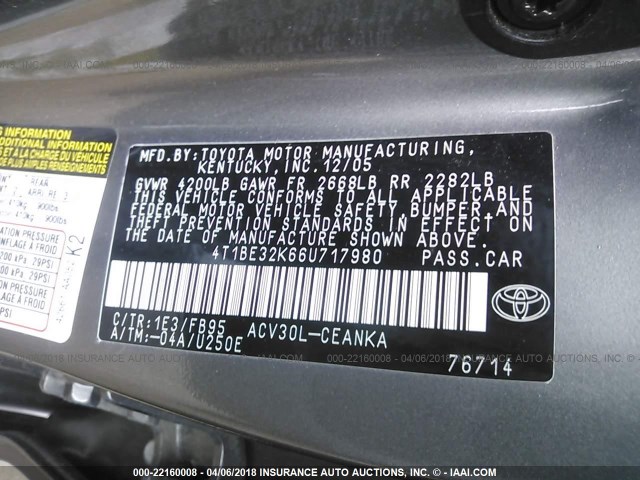 4T1BE32K66U717980 - 2006 TOYOTA CAMRY LE/XLE/SE GRAY photo 9