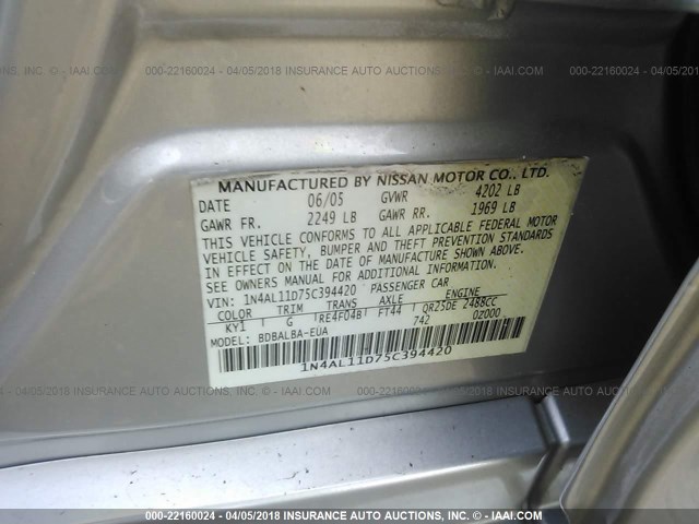 1N4AL11D75C394420 - 2005 NISSAN ALTIMA S/SL SILVER photo 9