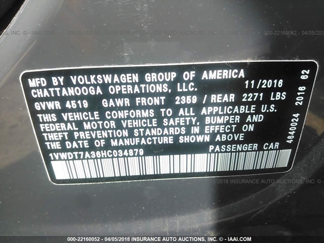 1VWDT7A36HC034879 - 2017 VOLKSWAGEN PASSAT R-LINE Boz foto 9