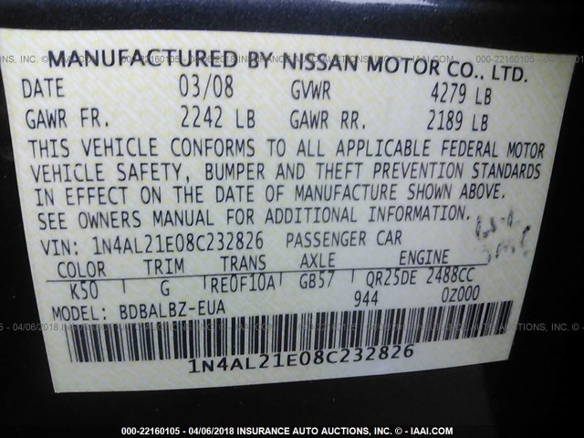 1N4AL21E08C232826 - 2008 NISSAN ALTIMA 2.5/2.5S GRAY photo 9