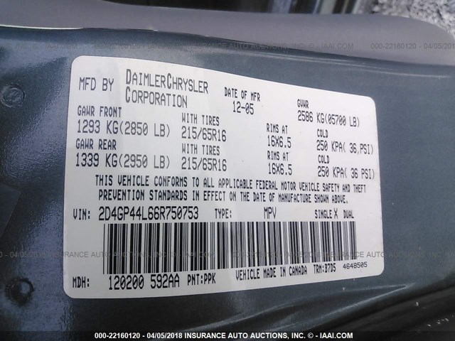 2D4GP44L66R750753 - 2006 DODGE GRAND CARAVAN SXT BLUE photo 9