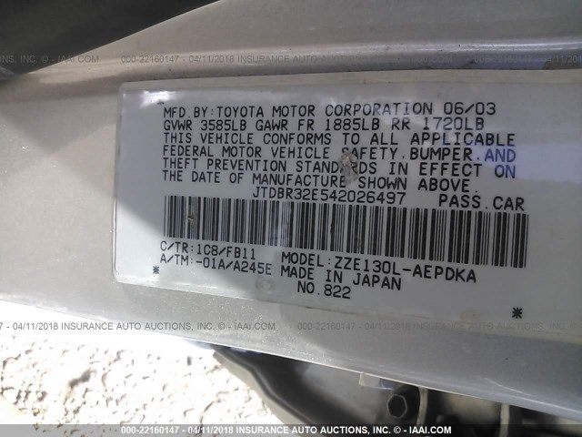 JTDBR32E542026497 - 2004 TOYOTA COROLLA CE/LE SILVER photo 9