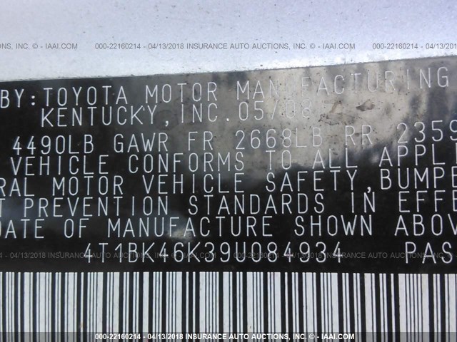 4T1BK46K39U084934 - 2009 TOYOTA CAMRY SE/LE/XLE SILVER photo 9