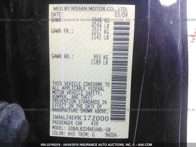 1N4AL24E49C172000 - 2009 NISSAN ALTIMA 2.5S BLACK photo 9