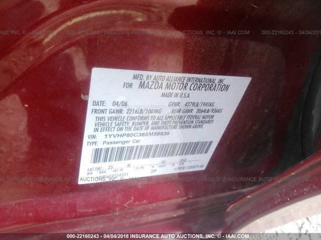 1YVHP80C365M58936 - 2006 MAZDA 6 I Granate foto 9