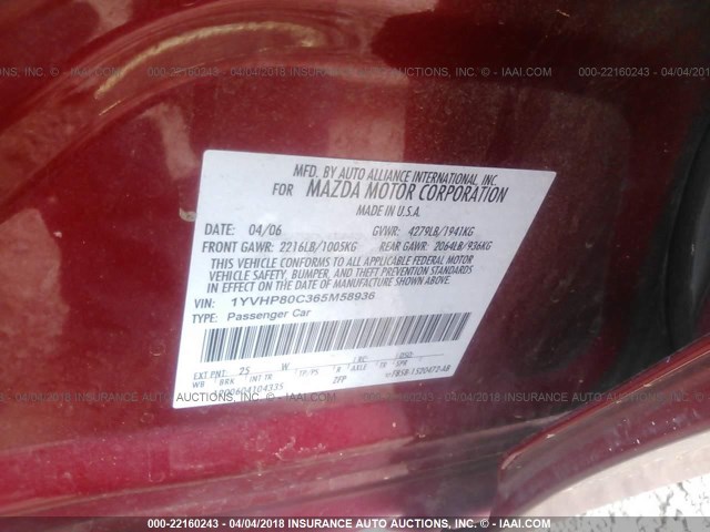 1YVHP80C365M58936 - 2006 MAZDA 6 I MAROON photo 9