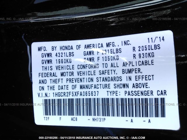 1HGCR2F5XFA065637 - 2015 HONDA ACCORD SPORT 黑色 照片 9