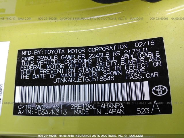 JTNKARJE1GJ518848 - 2016 TOYOTA SCION IM GREEN photo 9