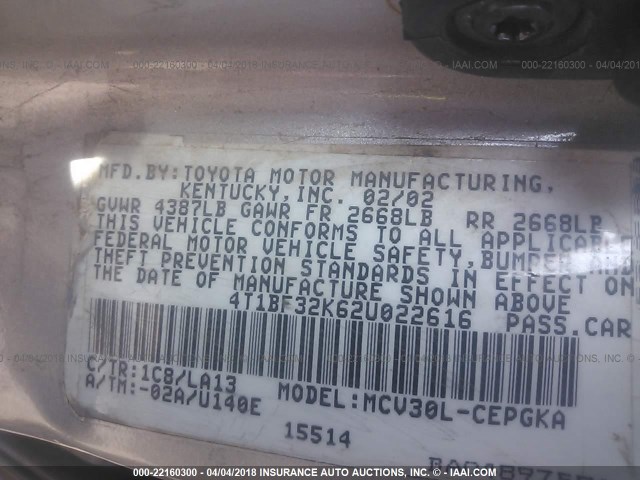 4T1BF32K62U022616 - 2002 TOYOTA CAMRY LE/XLE/SE ნაცრისფერი ფოტო 9