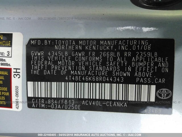 4T4BE46K68R044343 - 2008 TOYOTA CAMRY CE/LE/XLE/SE Light Blue photo 9
