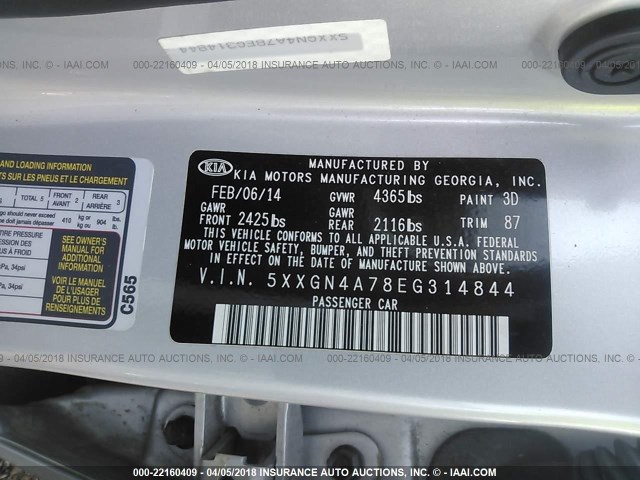 5XXGN4A78EG314844 - 2014 KIA OPTIMA EX GRAY photo 9