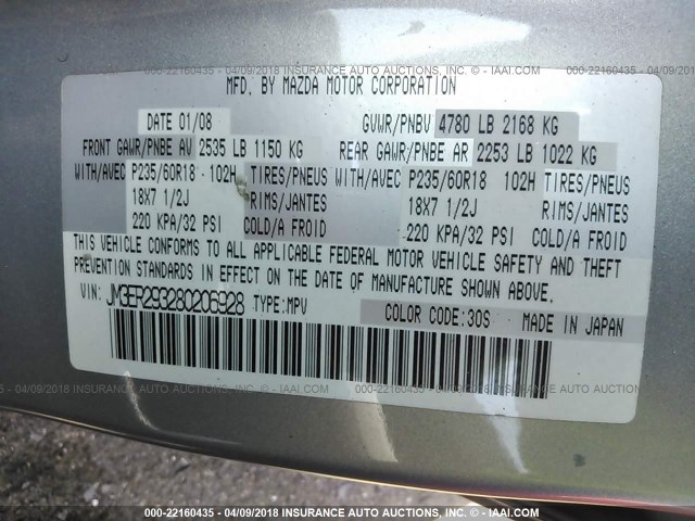 JM3ER293280206928 - 2008 MAZDA CX-7 SILVER photo 9